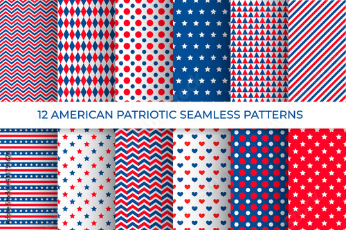 12 American patriotic seamless patterns. USA traditional stars and stripes background set. Red blue white backdrop. Vector template for fabric, textile, wallpaper, wrapping paper, etc
