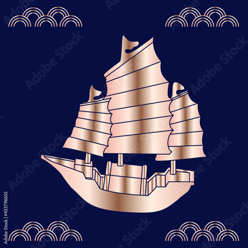 Sailboat. Feng shui postcard. The symbol of Chinese culture. Gold silhouette on a blue background.