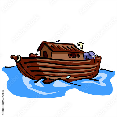Noah's ark is floating in the waves.