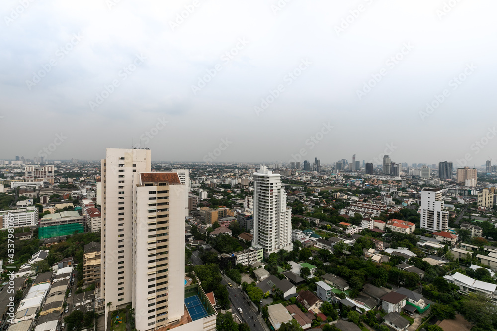 BANGKOK,THAILAND-APRIL 22, 2021: The cityscape view at Sukumvit road area which is the main business and shopping area at Ekkamai view point on APRIL 22, 2021 in Bangkok,Thailand