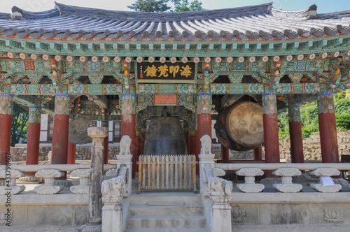 Bell Pavilion containing gong, bell and drum at Haeinsa Temple, Mount Gaya, Gayasan National Park, South Korea. photo