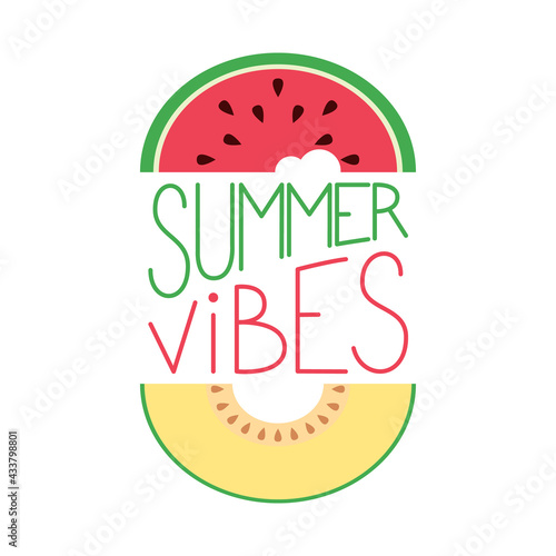 Inscription Summer vibes in grotesque style. The lettering is decorated with watermelon and melon slices. Template for t-shirt, home decor, season postcards, prints and posters. Vector illustration