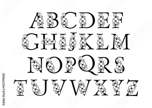 Flower alphabet, Floral letters, Botanical alphabet, vector illustration