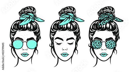Girl with messy bun, bandana and glasses, Leopard print, Girl face