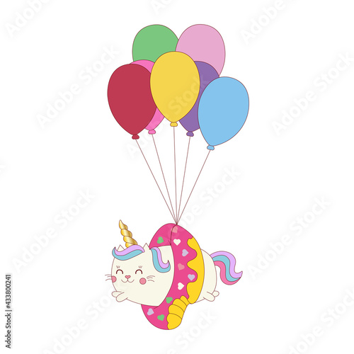 Vector illustration of a little cute white cat unicorn or caticorn flying colourful balloons. Can be used as greeting card  sticker  kids t-shirt design  print or poster