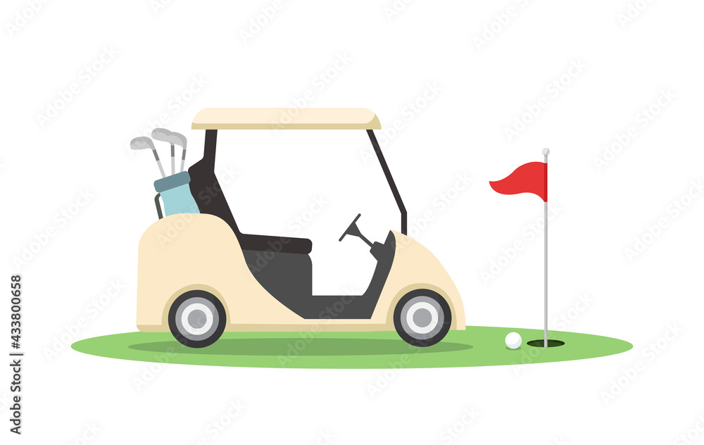 Golf cart and red flag isolated on white background.Golf equipment in flat style. Vector stock