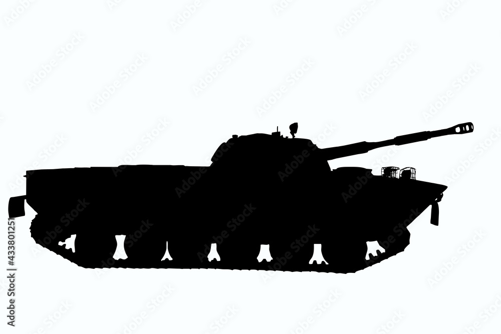 Illustration of a contour of a Soviet tank in profile on a white background for clipping. Side view