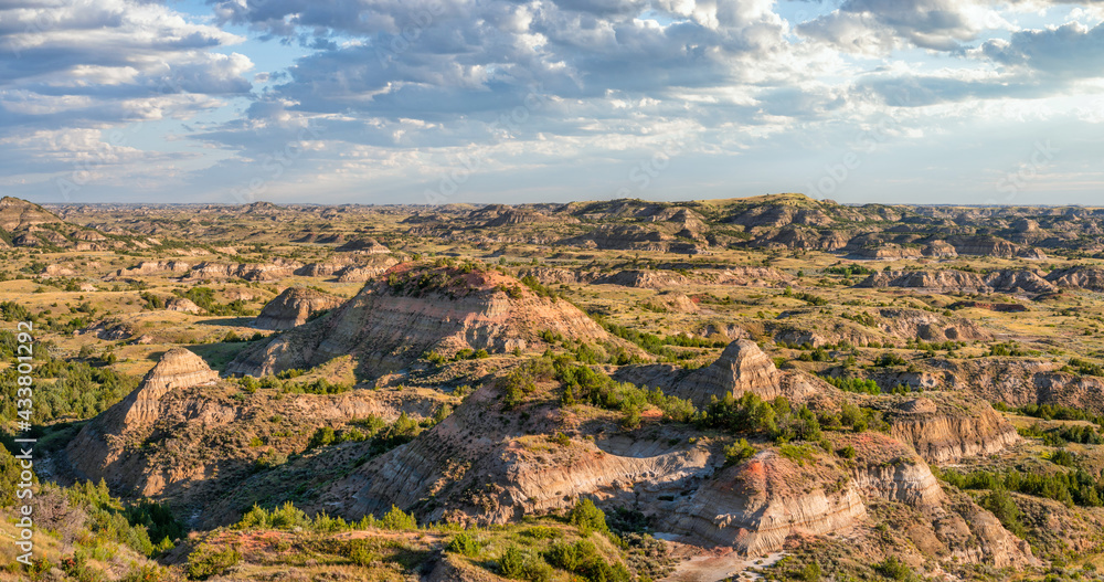 Early morning light on the Painted Canyon Overlook in the Theodore Roosevelt National Park - South Unit on the Little Missouri River - North Dakota Badlands