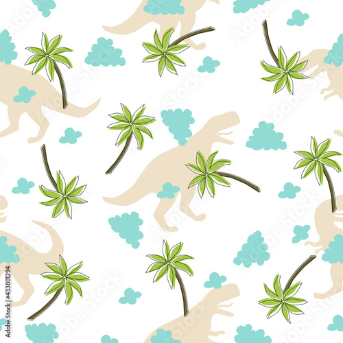 palm and cloud repeat pattern on dinosaur background