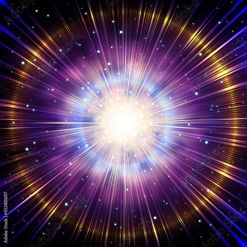光輝く集中線、中央がまぶしく光る超新星爆発のイメージ、黄色い光の輪