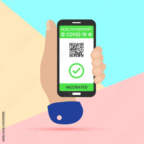 Male hand holding smart phone with  immune Covid-19 result on application on screen, digital vaccine passport.  Health passport on mobile phone, which indicates vaccination against covid-19.