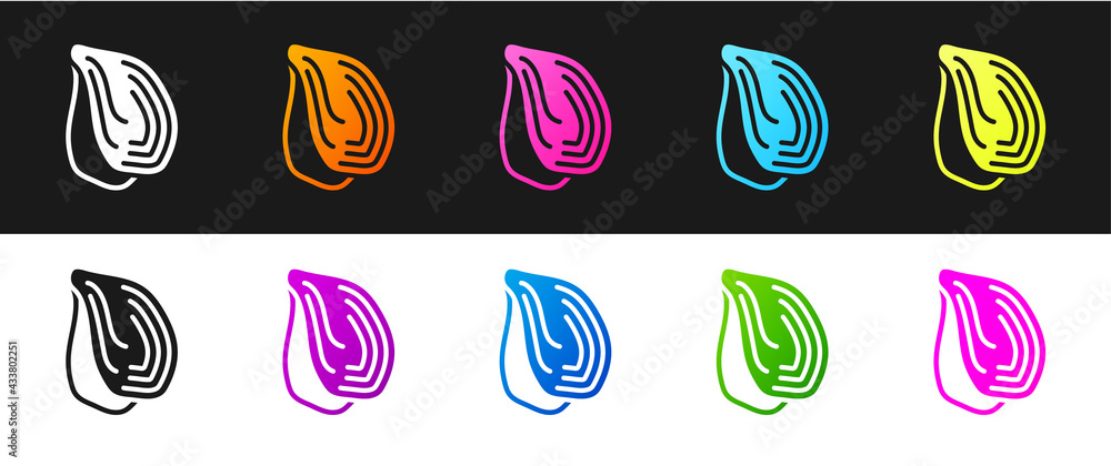 Set Mussel icon isolated on black and white background. Fresh delicious seafood. Vector Set Mussel icon isolated on black and white background. Fresh delicious seafood. Vector