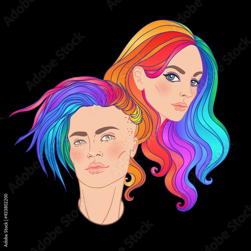 Lesbian couple with rainbow hair. Non binary. Pride month. LGBTQ concept. Isolated vector colorful illustration. Sticker, patch, t-shirt print, logo design.
