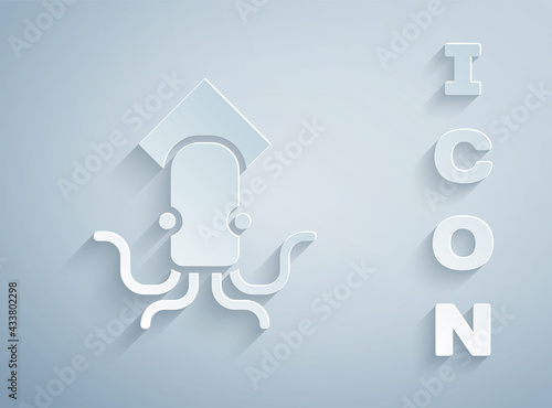 Paper cut Octopus icon isolated on grey background. Paper art style. Vector