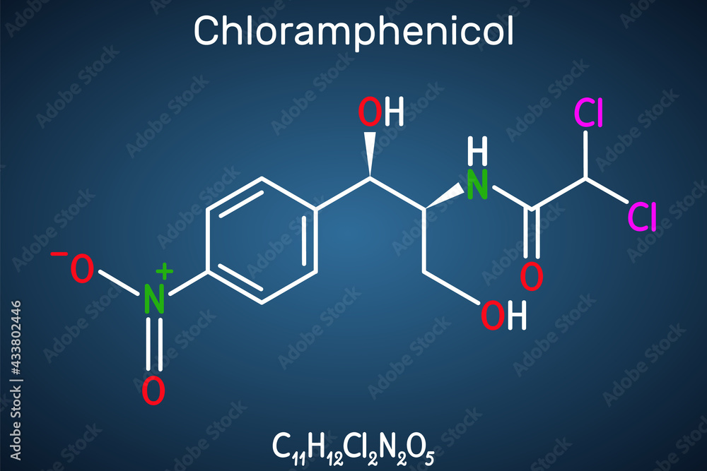 Chloramphenicol molecule. It is bacteriostatic broad-spectrum antibiotic. Structural chemical formula on the dark blue background
