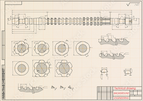 Mechanical engineering drawings on blue background. Broach. Technical Design. Cover. Blueprint. Vector illustration.