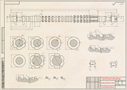Mechanical engineering drawings on blue background. Broach. Technical Design. Cover. Blueprint. Vector illustration.