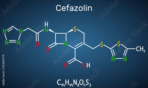 Cefazolin, cefazoline, cephazolin molecule. It is s beta-lactam antibiotic, first-generation cephalosporin. Structural chemical formula on the dark blue background photo