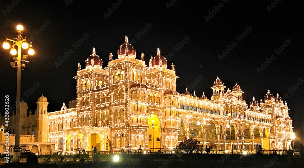 Mysore palace building at night in lights