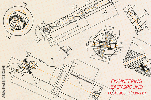 Mechanical engineering drawings on blue background. Drill tools, borer. Boring bar with micrometric adjustment. Broach. Technical Design. Cover. Blueprint. Vector illustration.