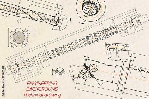 Mechanical engineering drawings on blue background. Drill tools, borer. Boring bar with micrometric adjustment. Broach. Technical Design. Cover. Blueprint. Vector illustration.