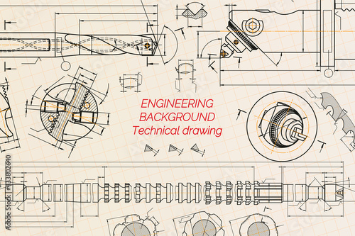 Mechanical engineering drawings on blue background. Drill tools, borer. Boring bar with micrometric adjustment. Broach. Technical Design. Cover. Blueprint. Vector illustration.