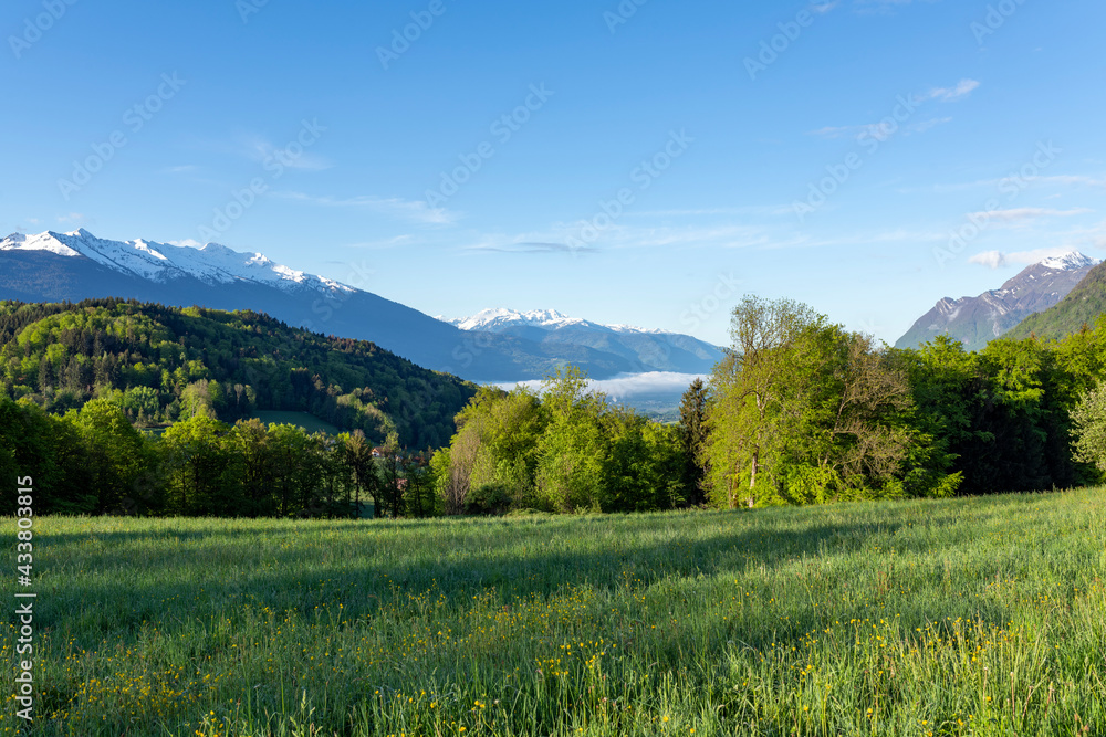 Paysage du Parc Naturel Régional des Bauges en Savoie en France dans les montagnes des Alpes Paysage du Parc Naturel Régional des Bauges en Savoie en France dans les montagnes des Alpes