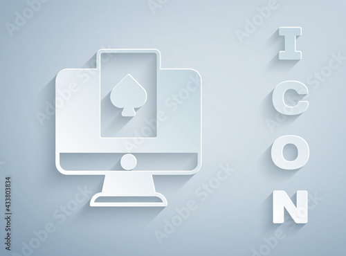 Paper cut Online poker table game icon isolated on grey background. Online casino. Paper art style. Vector