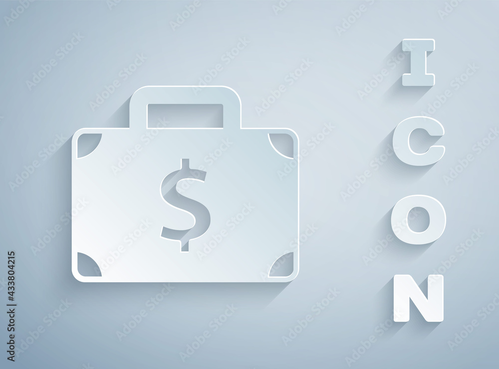 Paper cut Briefcase and money icon isolated on grey background. Business case sign. Business portfolio. Paper art style. Vector Paper cut Briefcase and money icon isolated on grey background. Business case sign. Business portfolio. Paper art style. Vector