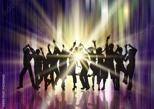 Silhouette of a party crowd on starburst background
