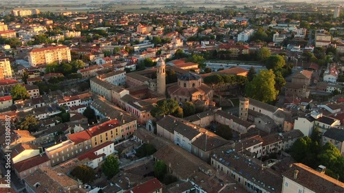 ravenna city historic centre aerial view at sunrise drone orbiting over basilica of san vitale at dawn