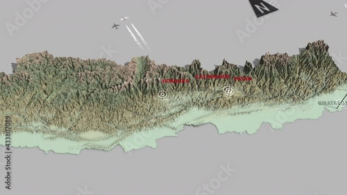 Seamless looping animation of the 3d terrain map of Nepal with the capital and the biggest cites in 4K resolution photo