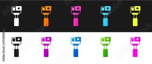 Set Action extreme camera icon isolated on black and white background. Video camera equipment for filming extreme sports. Vector