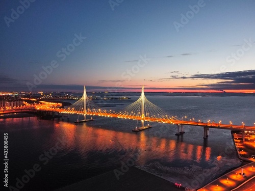Yacht cable-stayed bridge in the evening in St. Petersburg
