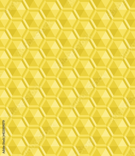 Seamless abstract yellow background pattern. Triangle are arranged to form 3D hexagon. Texture design for fabric, tile, cover, poster, textile, flyer, banner, wall. Vector illustration.