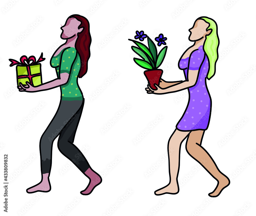 Simple vector flat illustration set: young woman carries present and flowers Simple vector flat illustration set: young woman carries present and flowers