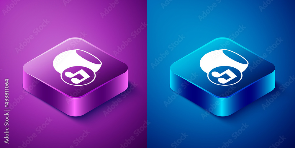 Isometric Voice assistant icon isolated on blue and purple background. Voice control user interface smart speaker. Square button. Vector Isometric Voice assistant icon isolated on blue and purple background. Voice control user interface smart speaker. Square button. Vector