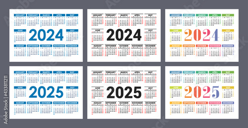 Calendar 2024 and 2025 years. English colorful vector set. Horizontal wall or pocket calender template. Design collection. New year. Week starts on Sunday