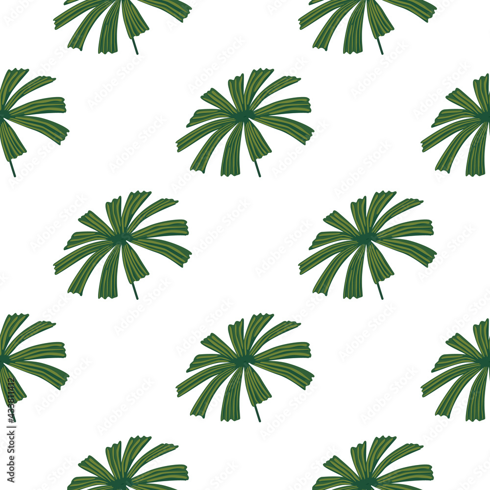 Isolated botanic seamless pattern with green palm licuala ornament. White background. Simple style. Isolated botanic seamless pattern with green palm licuala ornament. White background. Simple style.