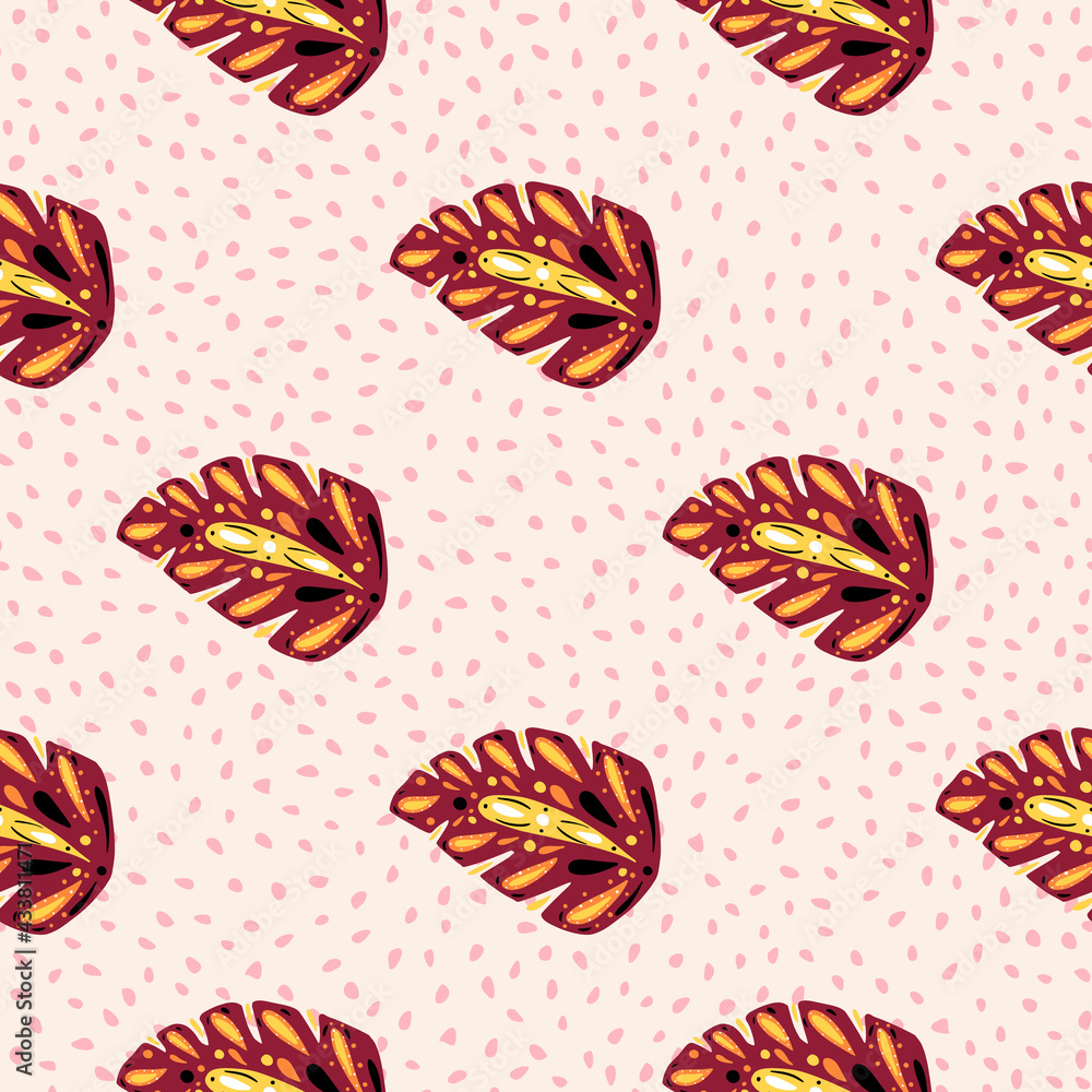 Maroon folk monstera silhouettes seamless pattern in hand drawn style. Dotted pink background. Maroon folk monstera silhouettes seamless pattern in hand drawn style. Dotted pink background.