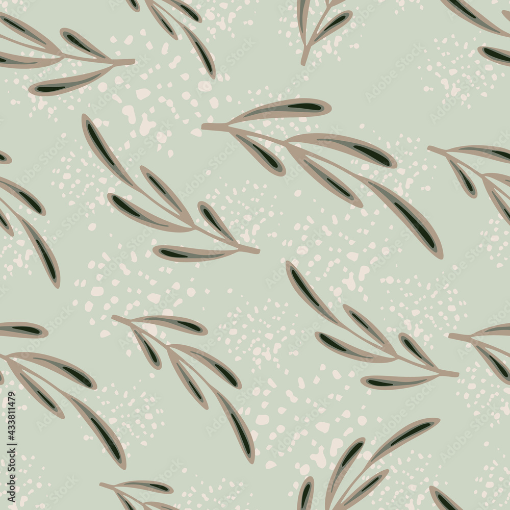Nature floral seamless pattern with beige colored doodle branches ornament. Blue background with splashes.