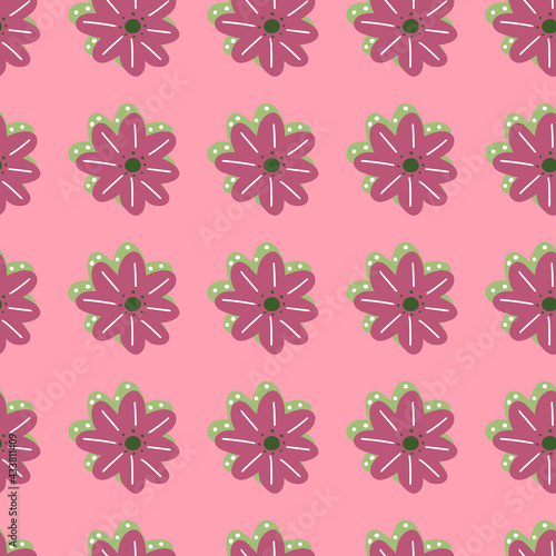 Bloom decorative seamless pattern with purple marguerite flowers. Pink pastel background. Simple style.