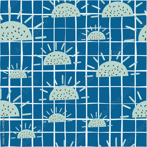 Abstract organic seamless pattern with random blue fruit lobules ornament. Blue navy chequered background.