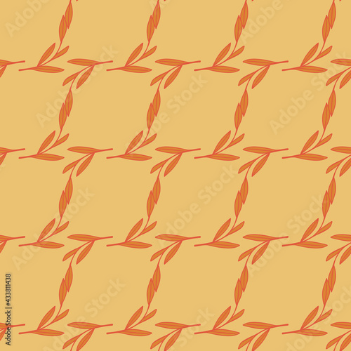 Nature simple seamless pattern with geometric style leaf branches ornament. Orange foliage on beige background.