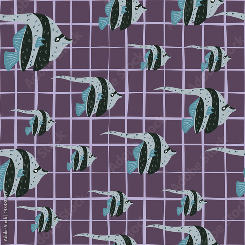 Hand drawn random imperial angelfish shapes seamless pattern. Purple chequered background.