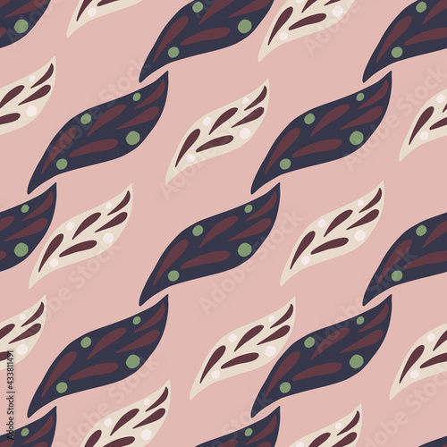 Vintage seamless pattern with doodle abstract leaf elements ornament. Pink pastel background.