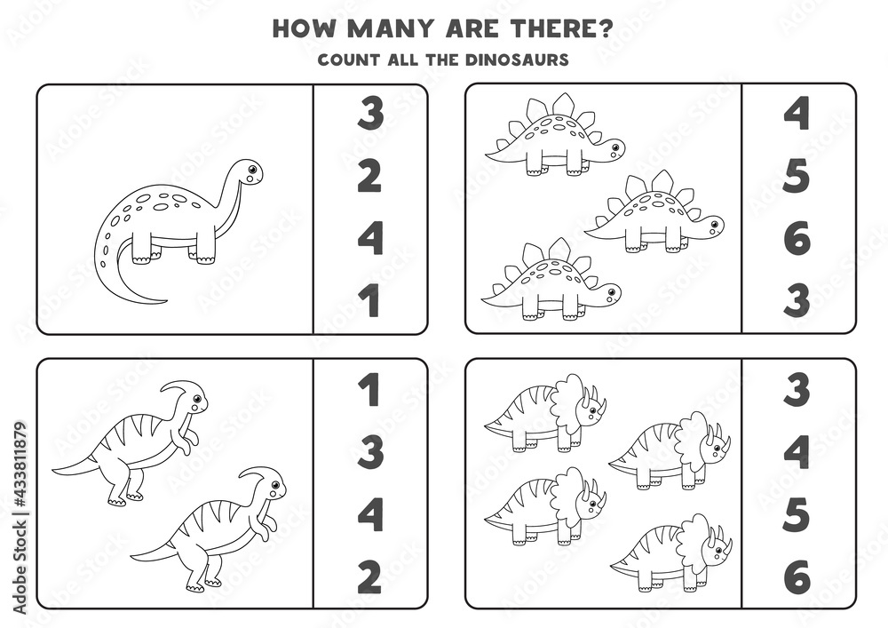 Obraz premium Counting game with cute black and white dinosaurs. Math worksheet.