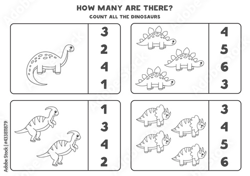 Counting game with cute black and white dinosaurs. Math worksheet.