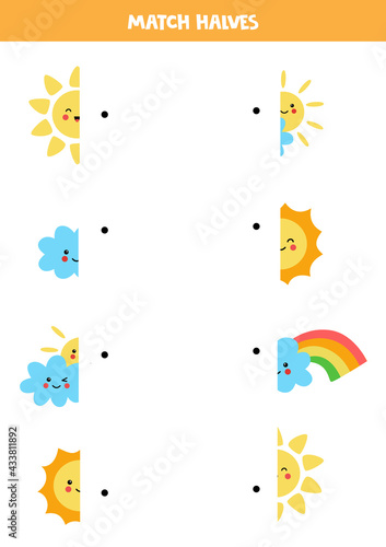 Match parts of cute kawaii weather elements. Logical game for children.