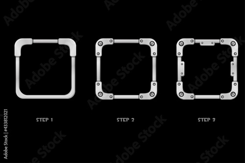 Metal frame avatar, iron square template 3 steps of drawing for ui game.